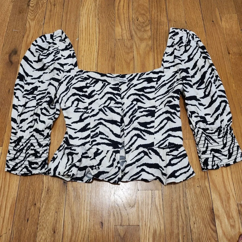 Reformation Black and Cream Zebra Print Puff Sleeve Blouse